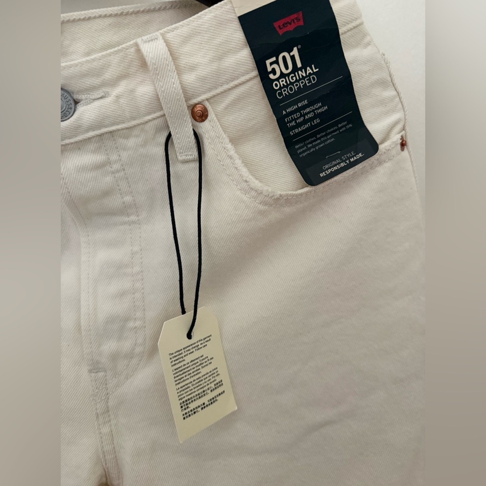 Levis 501 Cropped Jeans High Rise Straight Leg Distressed Ecru-White Woman’s. - Picture 3 of 5